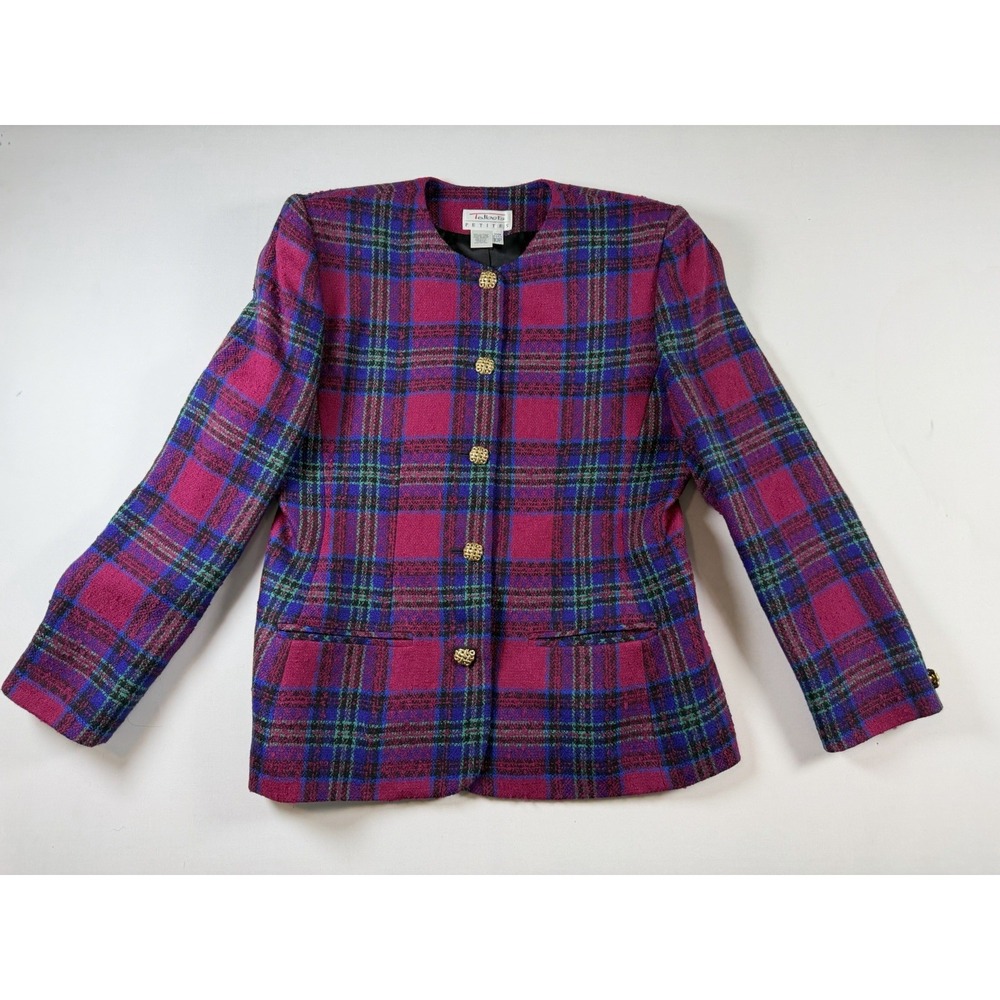 Vtg Talbots Pink Plaid Wool Blazer Jacket Formal Business Gold Buttons 10 Petite